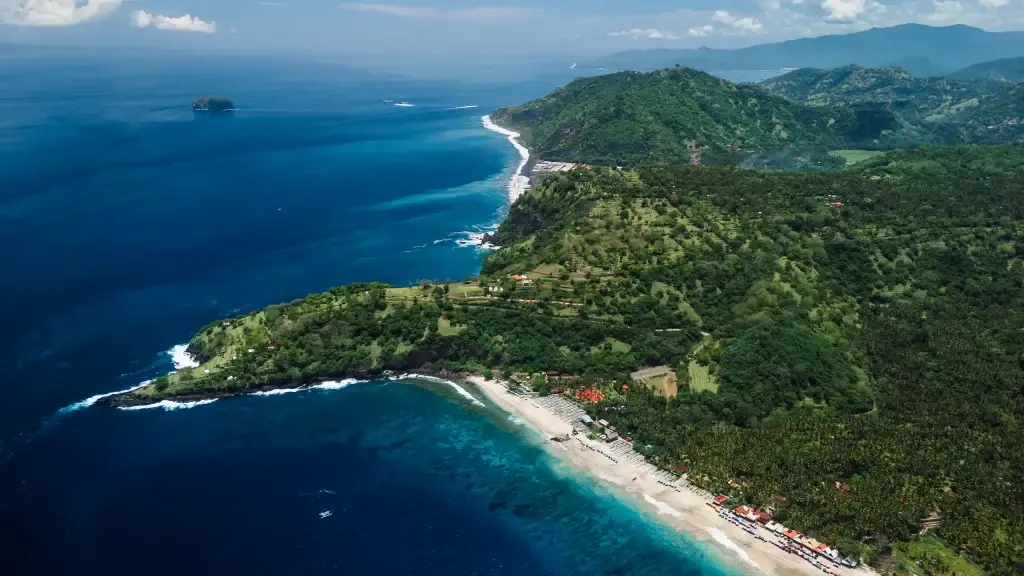 East bali aerial shot of coastal view with mountains in east