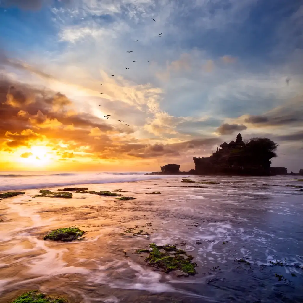 Seminyak bali beautiful tanah lot temple during golden hour in
